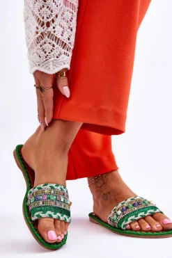 New Boto Damskie Zdobione Klapki Zielone Bellisa Zielony