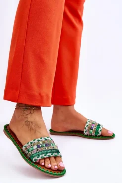 New Boto Damskie Zdobione Klapki Zielone Bellisa Zielony