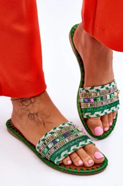 New Boto Damskie Zdobione Klapki Zielone Bellisa Zielony