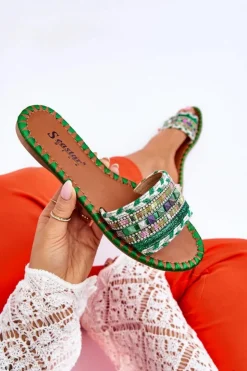 New Boto Damskie Zdobione Klapki Zielone Bellisa Zielony