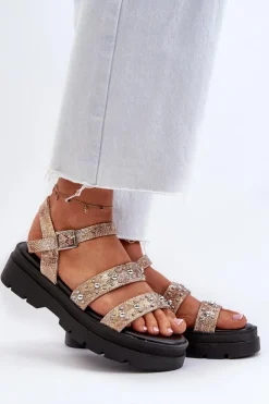 Sale Boto Damskie Zdobione Sandały Eko Skóra Złoto-Beżowe Arcida