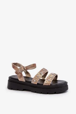 Sale Boto Damskie Zdobione Sandały Eko Skóra Złoto-Beżowe Arcida