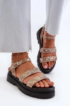 Sale Boto Damskie Zdobione Sandały Eko Skóra Złoto-Beżowe Arcida