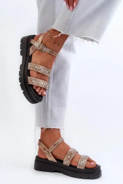 Sale Boto Damskie Zdobione Sandały Eko Skóra Złoto-Beżowe Arcida