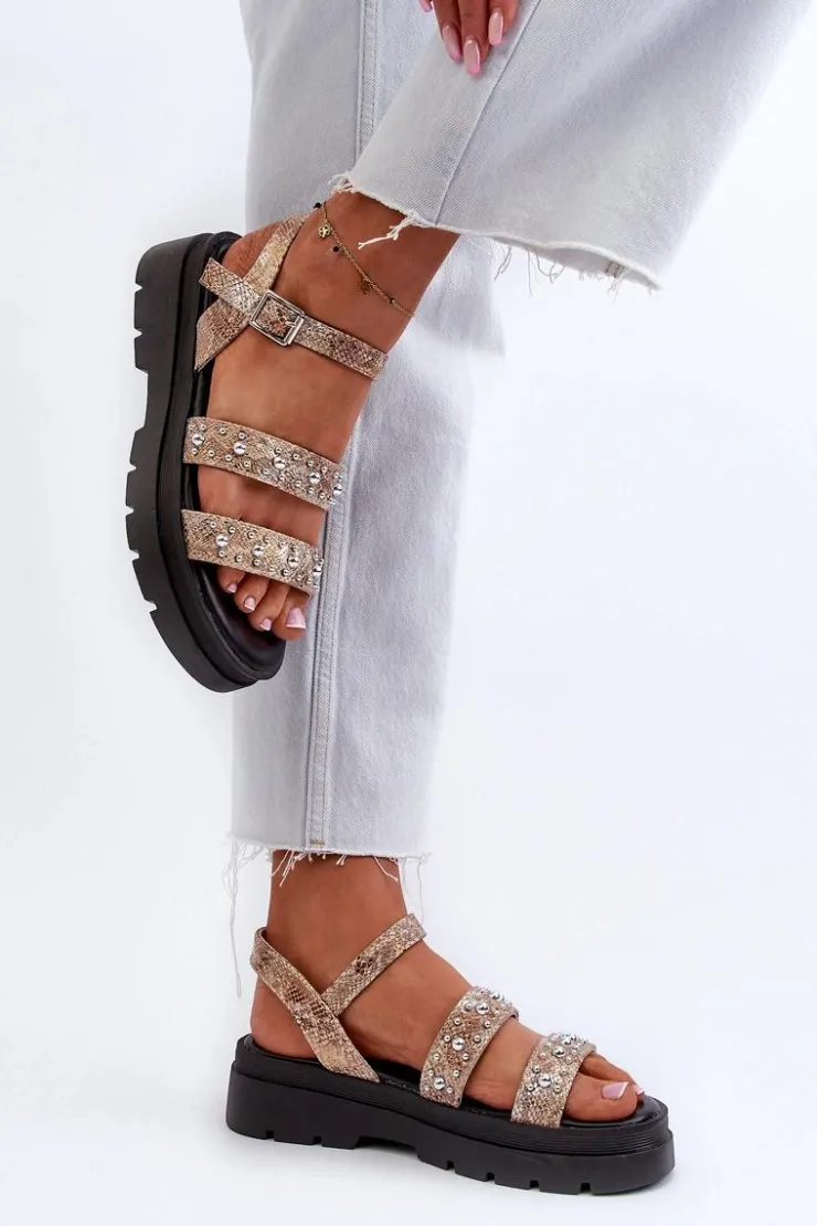 Sale Boto Damskie Zdobione Sandały Eko Skóra Złoto-Beżowe Arcida