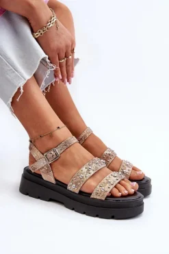 Sale Boto Damskie Zdobione Sandały Eko Skóra Złoto-Beżowe Arcida