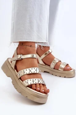 Boto Sandały Płaskie*Damskie Zdobione Sandały Eko Skóra Złote Arcida