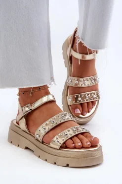 Boto Sandały Płaskie*Damskie Zdobione Sandały Eko Skóra Złote Arcida