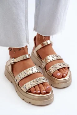 Boto Sandały Płaskie*Damskie Zdobione Sandały Eko Skóra Złote Arcida