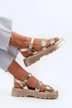 Boto Sandały Płaskie*Damskie Zdobione Sandały Eko Skóra Złote Arcida