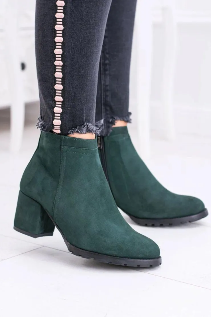 Clearance Boto Damskie Zielone Skórzane Botki Na Słupku Nicole