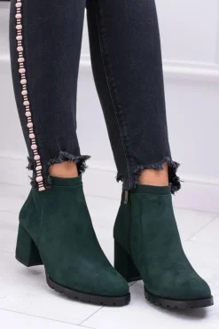 Clearance Boto Damskie Zielone Skórzane Botki Na Słupku Nicole