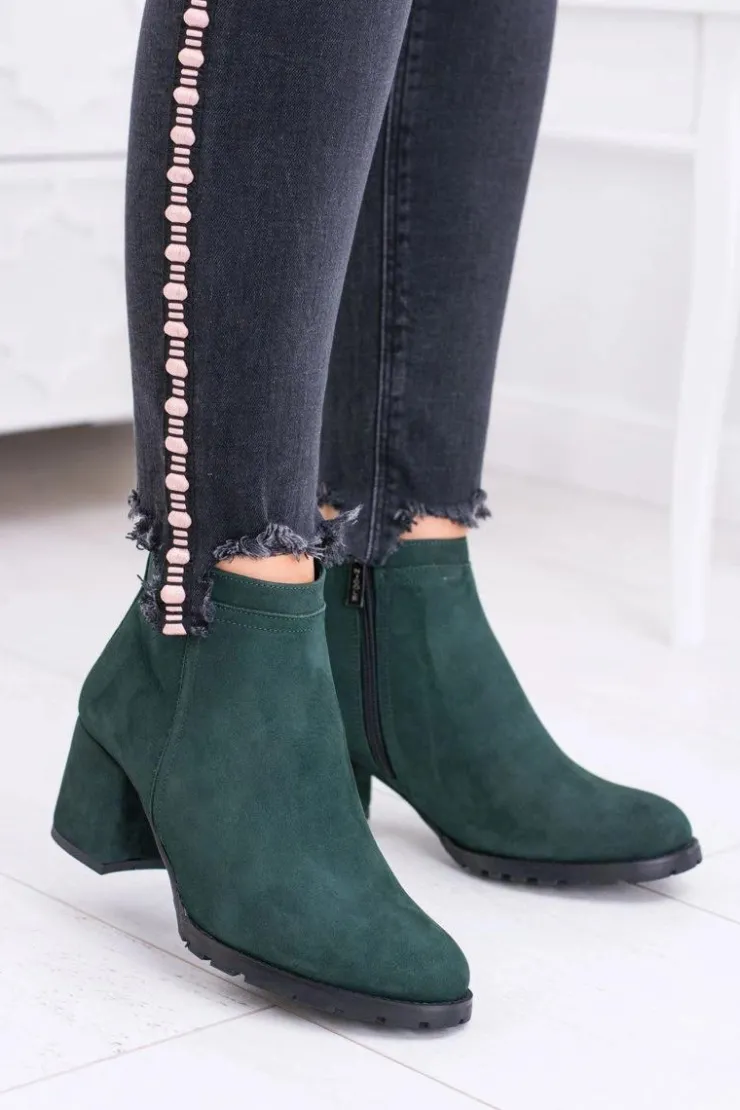 Clearance Boto Damskie Zielone Skórzane Botki Na Słupku Nicole