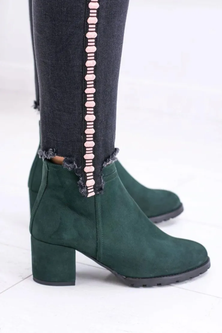 Clearance Boto Damskie Zielone Skórzane Botki Na Słupku Nicole