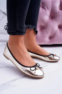 Boto Baleriny Klasyczne*Damskie Złote Wsuwane Balerinki Cleoss