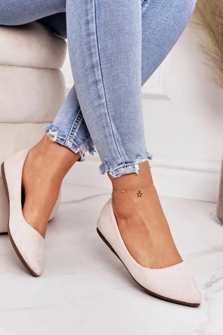 Damskie Boto Delikatne Baleriny W Szpic Zamszowe Beżowe Dermeno