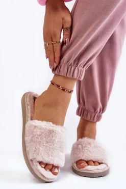 Damskie INBLU Domowe Papcie Klapki Z Futerkiem EK-05-011 Beżowe