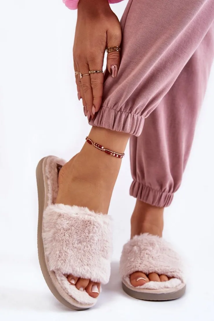 Damskie INBLU Domowe Papcie Klapki Z Futerkiem EK-05-011 Beżowe