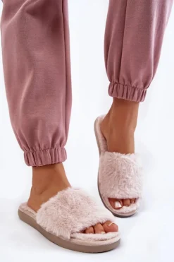 Damskie INBLU Domowe Papcie Klapki Z Futerkiem EK-05-011 Beżowe