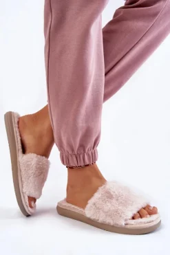 Damskie INBLU Domowe Papcie Klapki Z Futerkiem EK-05-011 Beżowe