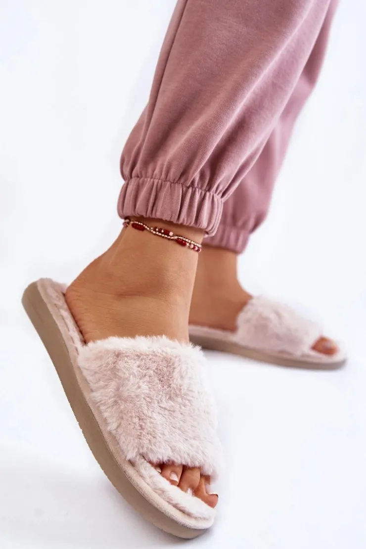 Damskie INBLU Domowe Papcie Klapki Z Futerkiem EK-05-011 Beżowe