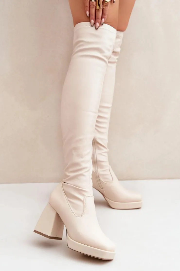 Damskie Boto Dopasowane Kozaki Za Kolano Na Słupku Jasnobeżowe Sanniraen