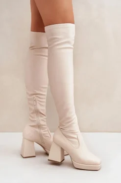 Damskie Boto Dopasowane Kozaki Za Kolano Na Słupku Jasnobeżowe Sanniraen