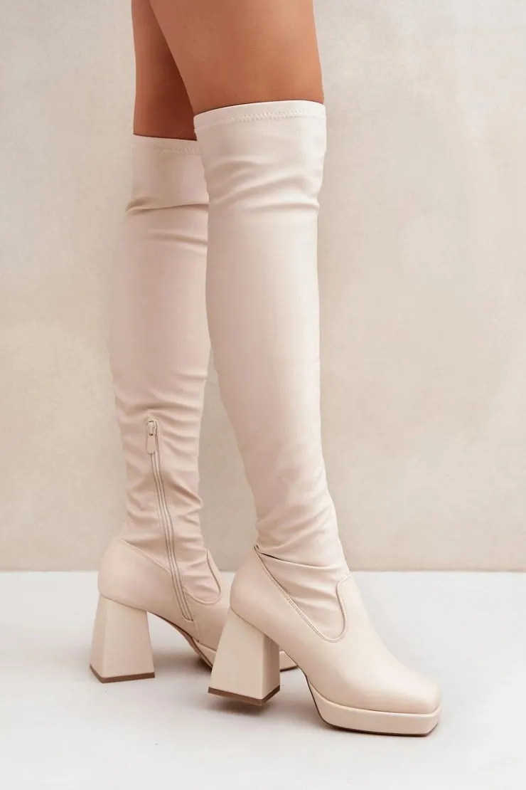Damskie Boto Dopasowane Kozaki Za Kolano Na Słupku Jasnobeżowe Sanniraen