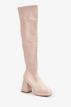 Damskie Boto Dopasowane Kozaki Za Kolano Na Słupku Jasnobeżowe Sanniraen