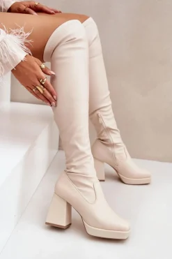 Damskie Boto Dopasowane Kozaki Za Kolano Na Słupku Jasnobeżowe Sanniraen