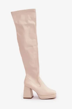Damskie Boto Dopasowane Kozaki Za Kolano Na Słupku Jasnobeżowe Sanniraen