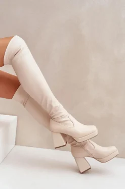 Damskie Boto Dopasowane Kozaki Za Kolano Na Słupku Jasnobeżowe Sanniraen