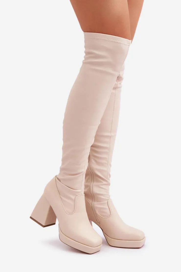 Damskie Boto Dopasowane Kozaki Za Kolano Na Słupku Jasnobeżowe Sanniraen
