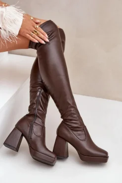 Damskie Boto Dopasowane Kozaki Za Kolano Na Słupku Ciemnobrązowe Sanniraen