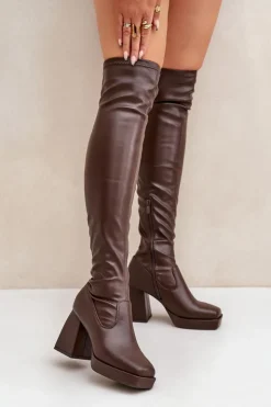 Damskie Boto Dopasowane Kozaki Za Kolano Na Słupku Ciemnobrązowe Sanniraen