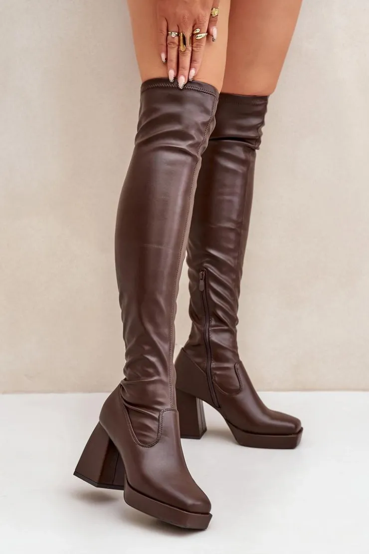 Damskie Boto Dopasowane Kozaki Za Kolano Na Słupku Ciemnobrązowe Sanniraen