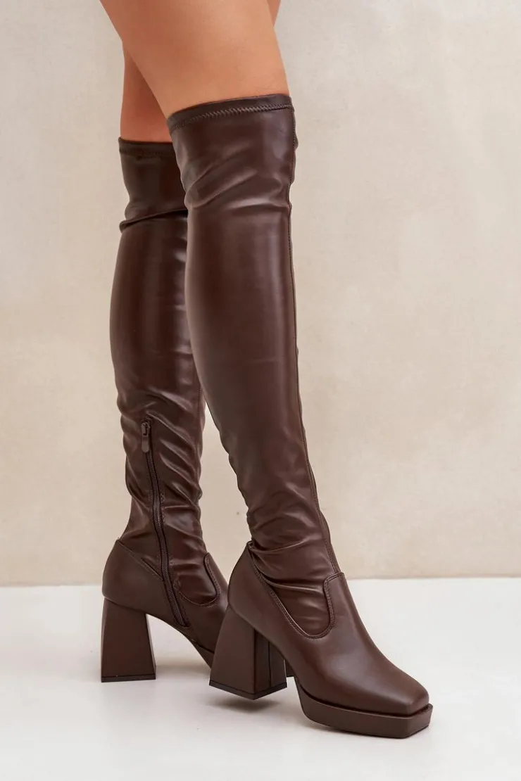 Damskie Boto Dopasowane Kozaki Za Kolano Na Słupku Ciemnobrązowe Sanniraen