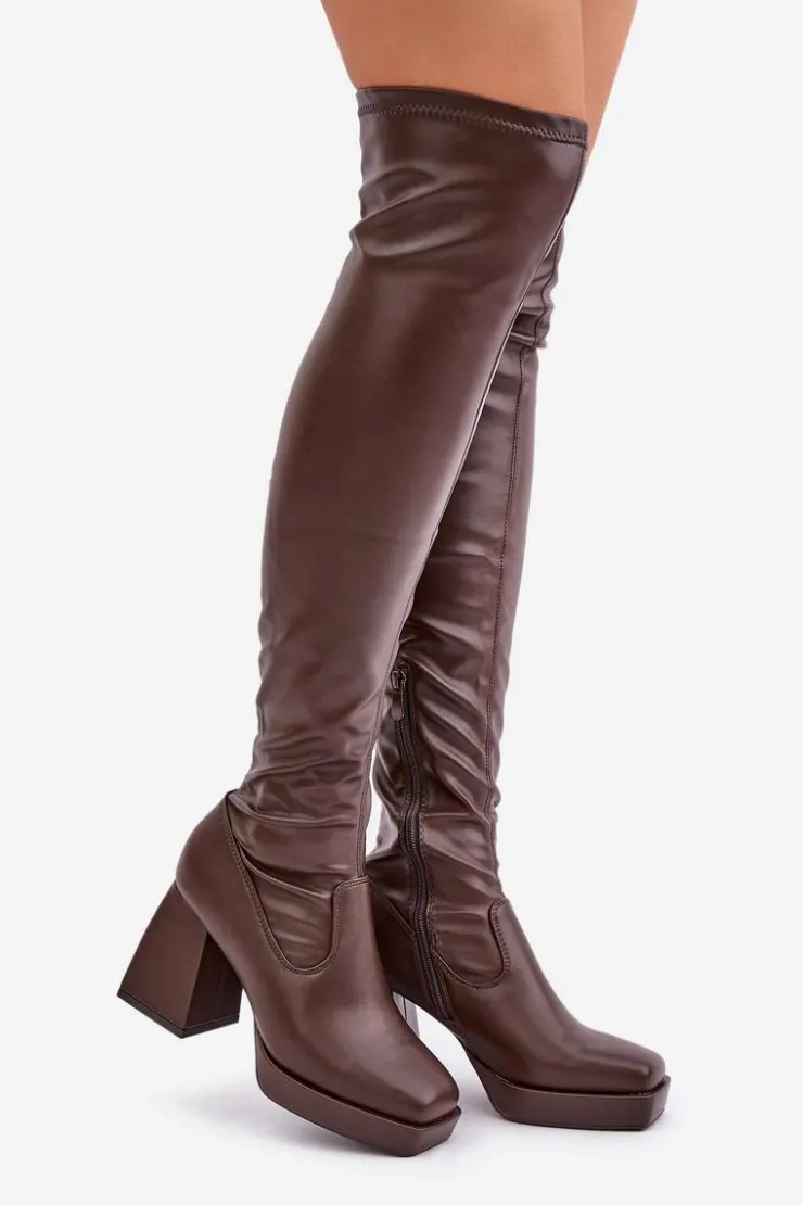 Damskie Boto Dopasowane Kozaki Za Kolano Na Słupku Ciemnobrązowe Sanniraen