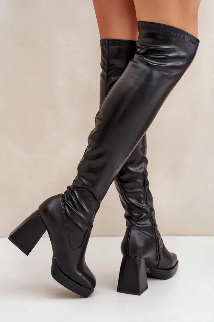 Outlet Boto Dopasowane Kozaki Za Kolano Na Słupku Czarne Sanniraen Czarny