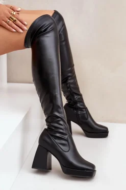 Outlet Boto Dopasowane Kozaki Za Kolano Na Słupku Czarne Sanniraen Czarny