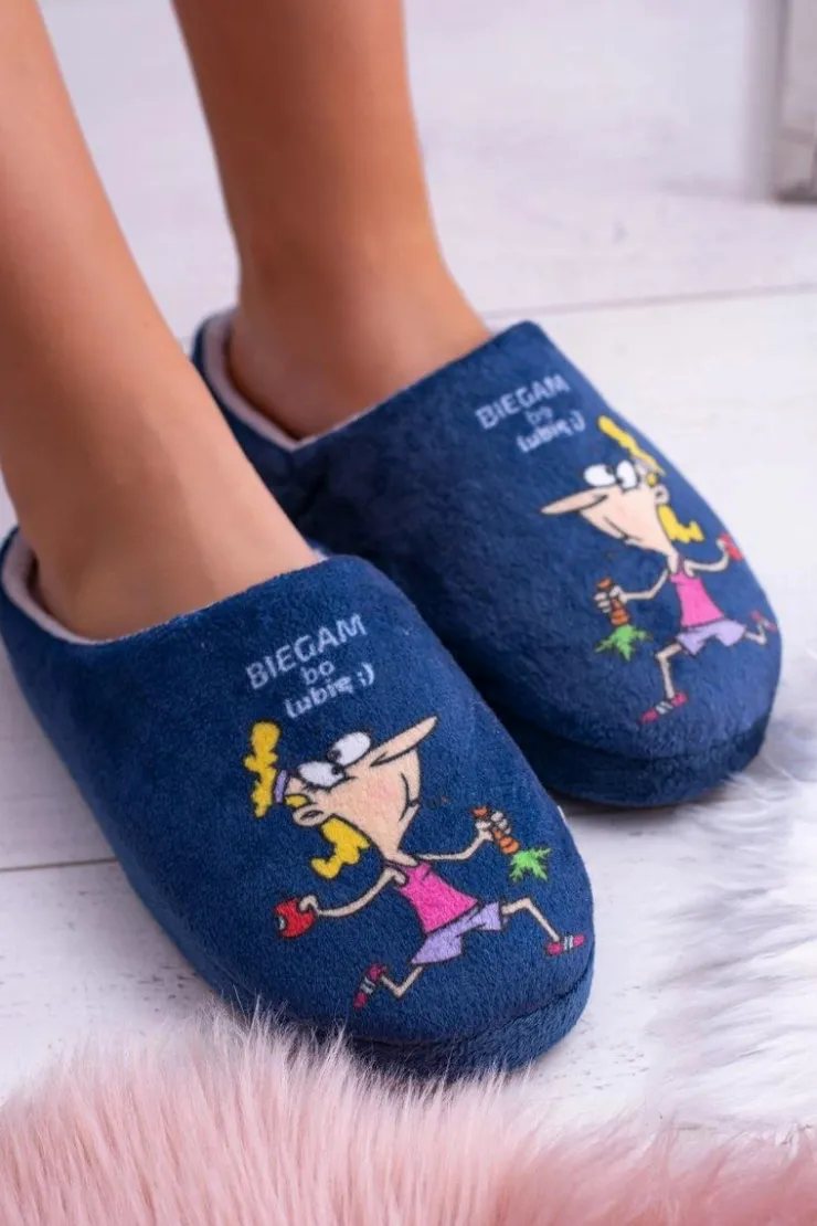 Hot Boto Dreex Pluszowe Damskie Granatowe Papcie Biegam Bo Lubię