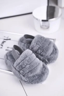 Sale Boto Dziecięce klapki z futerkiem i gumką szare Fluffy