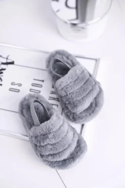 Sale Boto Dziecięce klapki z futerkiem i gumką szare Fluffy
