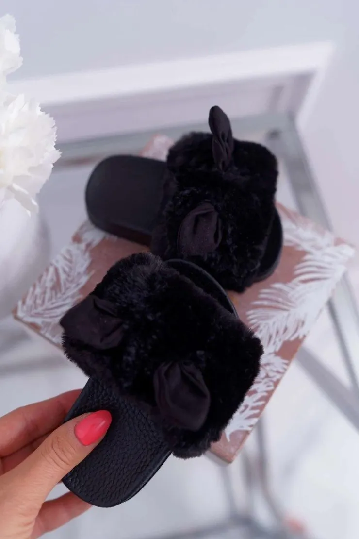 Boto Dziecięce Klapki Z Futerkiem I Uszkami Czarne Thoa