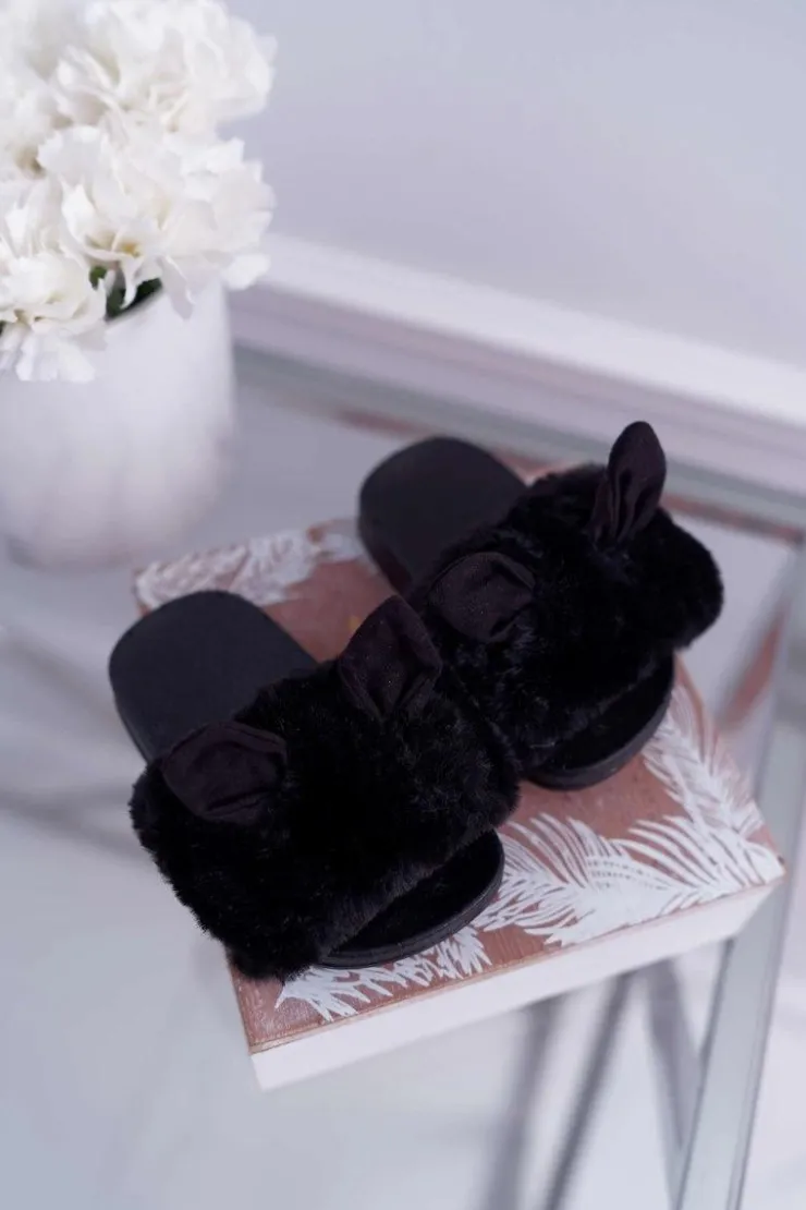 Boto Dziecięce Klapki Z Futerkiem I Uszkami Czarne Thoa