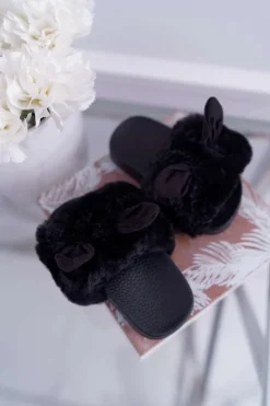 Boto Dziecięce Klapki Z Futerkiem I Uszkami Czarne Thoa