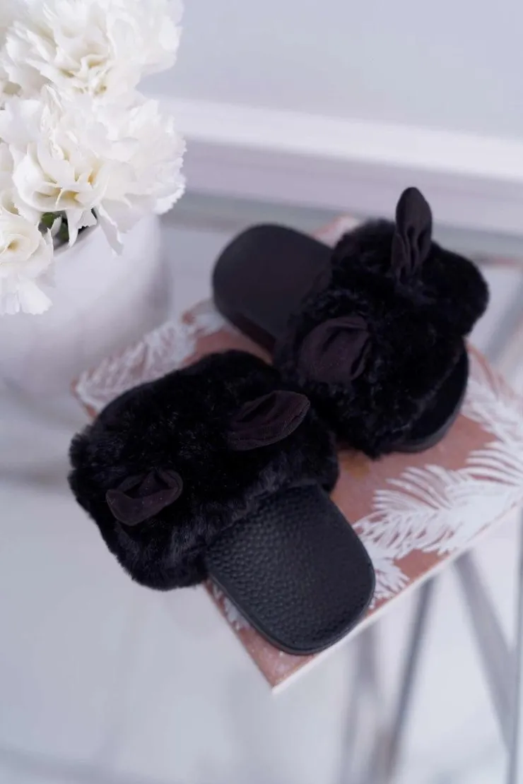 Boto Dziecięce Klapki Z Futerkiem I Uszkami Czarne Thoa