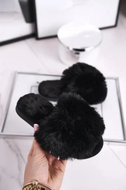 Damskie Boto Dziecięce Papcie Klapki z Futerkiem Czarne Snow Ball