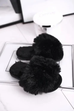 Damskie Boto Dziecięce Papcie Klapki z Futerkiem Czarne Snow Ball