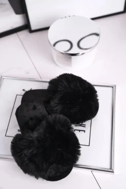 Damskie Boto Dziecięce Papcie Klapki z Futerkiem Czarne Snow Ball